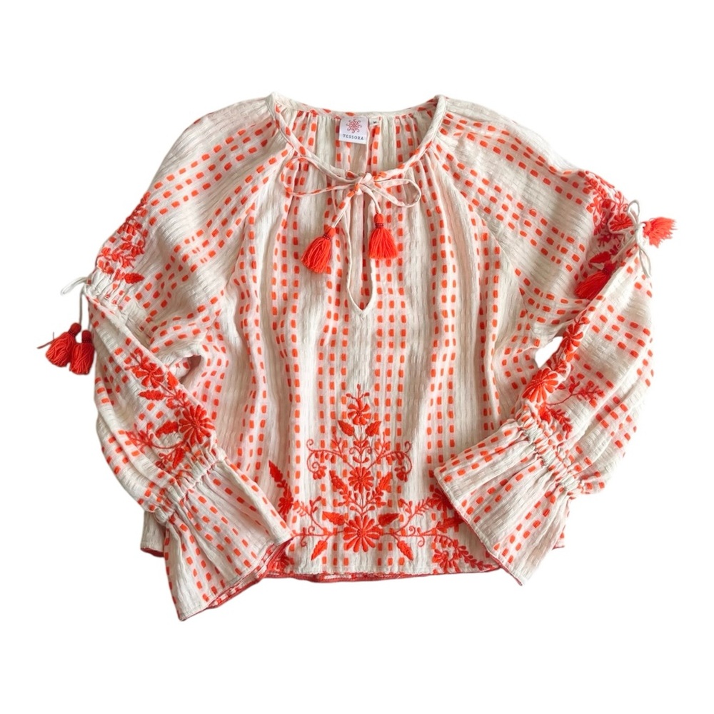 Tessora White and Orange 100% Cotton Embroidered Boho Blouse with Tassels
